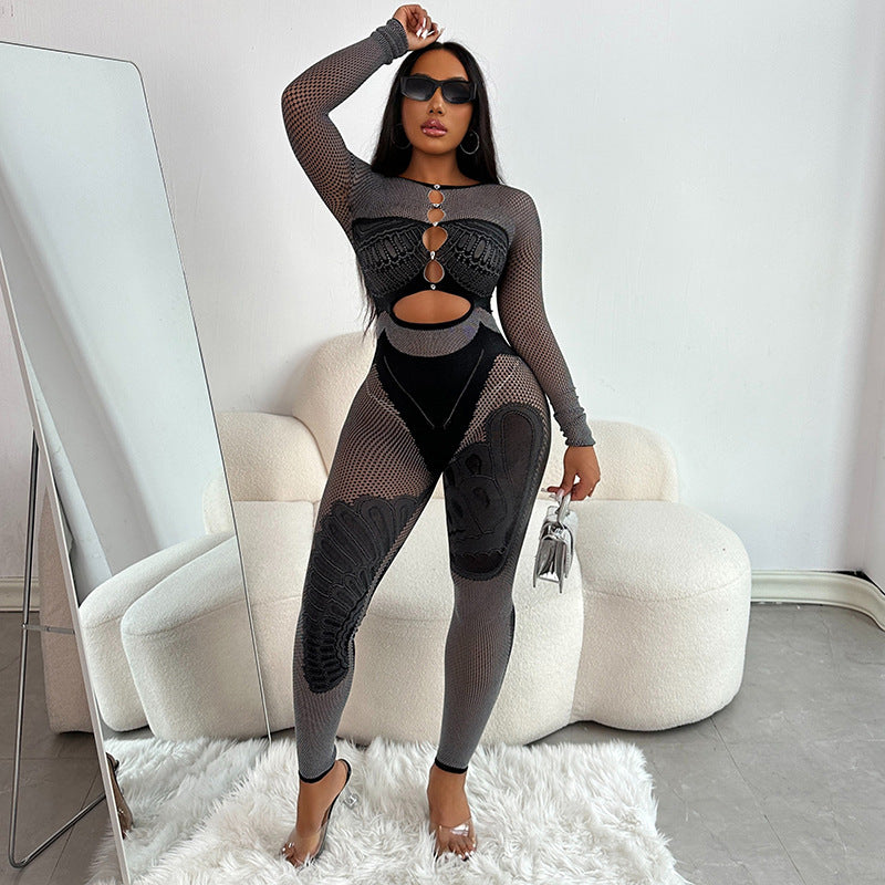 Women Clothing Solid Color Tight Rhinestone Slim Fit Long Sleeved Trousers Contrast Color One Piece Trousers
