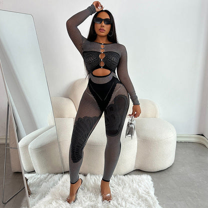 Women Clothing Solid Color Tight Rhinestone Slim Fit Long Sleeved Trousers Contrast Color One Piece Trousers