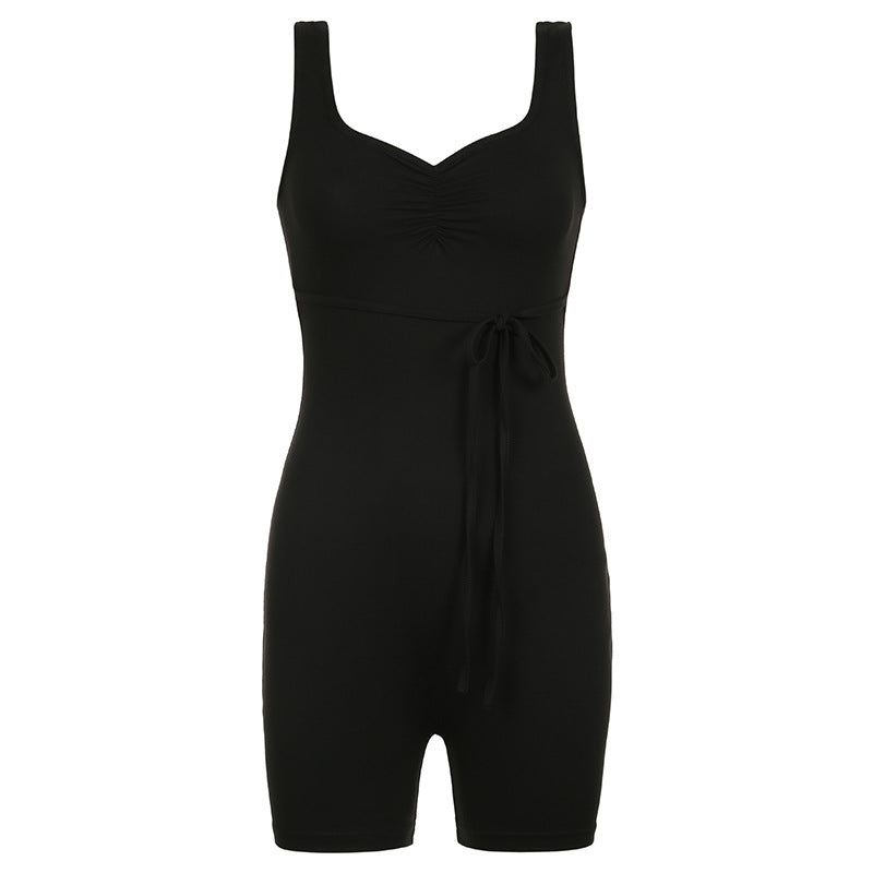 Casual Street Solid Color Square Collar Cross Hollow Out Cutout Backless Lace up Sports Jumpsuit Yoga Fitness One Piece Trousers
