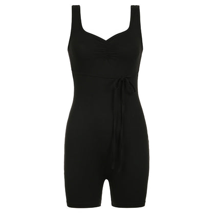 Casual Street Solid Color Square Collar Cross Hollow Out Cutout Backless Lace up Sports Jumpsuit Yoga Fitness One Piece Trousers
