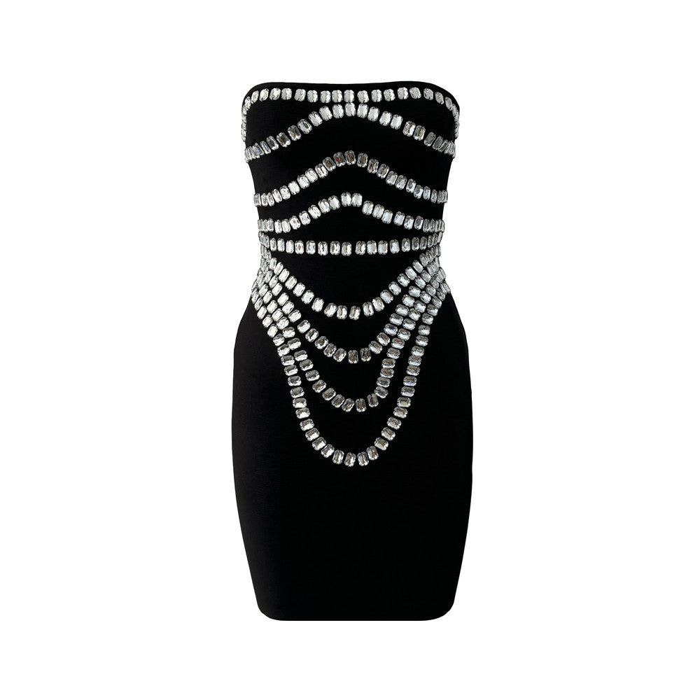 Handmade Beaded Rhinestone Sexy off the Shoulder Bandage One-Piece Dress Slim Party Gathering Evening Dress
