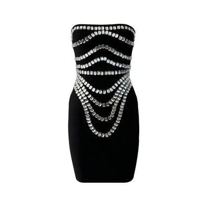 Handmade Beaded Rhinestone Sexy off the Shoulder Bandage One-Piece Dress Slim Party Gathering Evening Dress