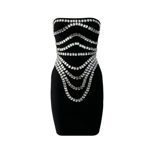 Handmade Beaded Rhinestone Sexy off the Shoulder Bandage One-Piece Dress Slim Party Gathering Evening Dress