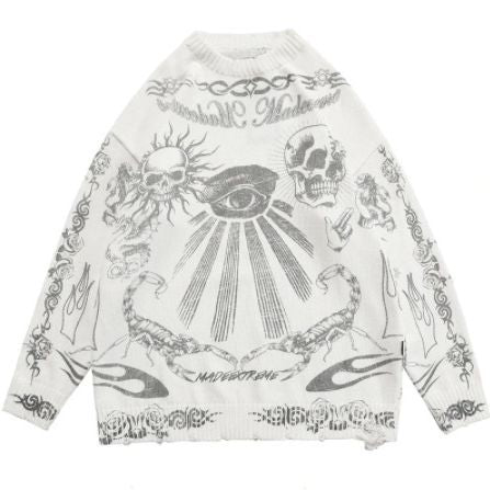 Harajuku Y2K Skull V-Neck Knit Sweater