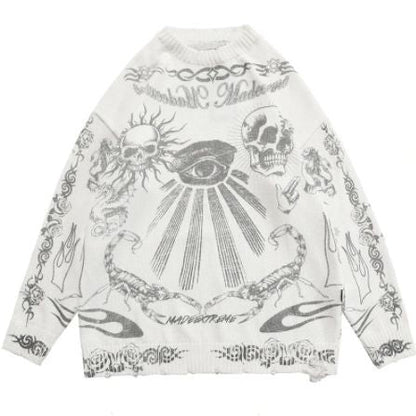 Harajuku Y2K Skull V-Neck Knit Sweater
