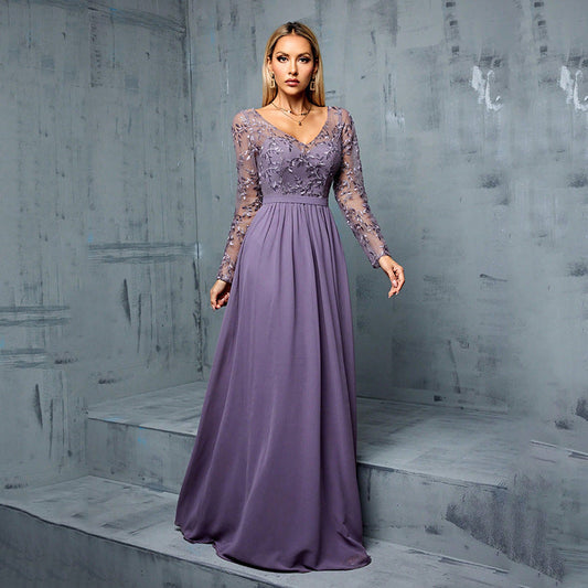 Dress Chiffon Long Sleeve Casual Party Formal Dress Women Simple Thin Party Dinner Daily