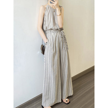 Retro Casual Striped Suit Women Summer Suspender Top Wide Leg Pants Two Piece Set