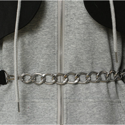 Splicing Contrast Colors False Two Piece Chain Can Be Cinched Hoodie Sweater Dress