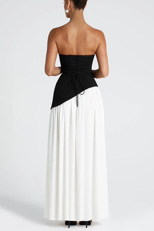  Strapless Back Lace-up High Slit Splice Maxi Dress