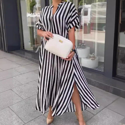 Self Designed Striped Print Spring Summer Women Split Large Swing Maxi Dress