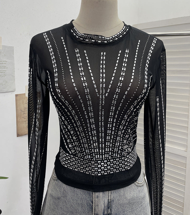 Diamond Embedded Thin Sheer Mesh Long Sleeve T shirt Slim Short Backless Top Women