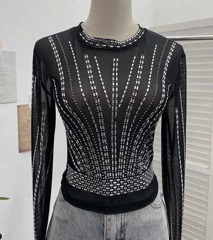 Diamond Embedded Thin Sheer Mesh Long Sleeve T shirt Slim Short Backless Top Women