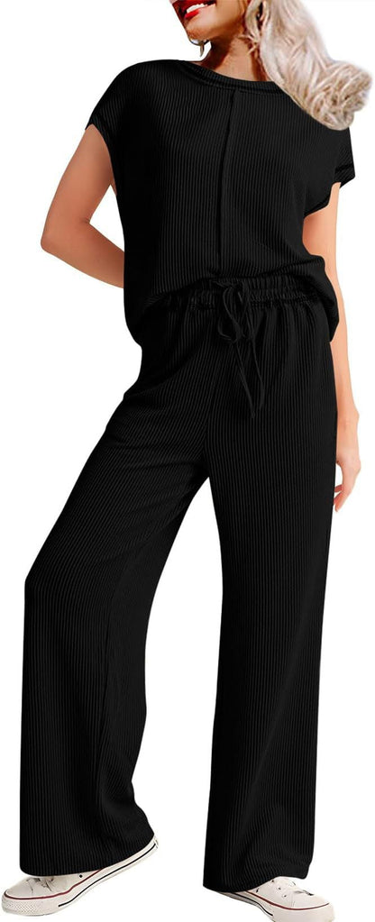 Spring Summer Casual Women Three Quarter Sleeve Rope Solid Color Office Trousers Set Women