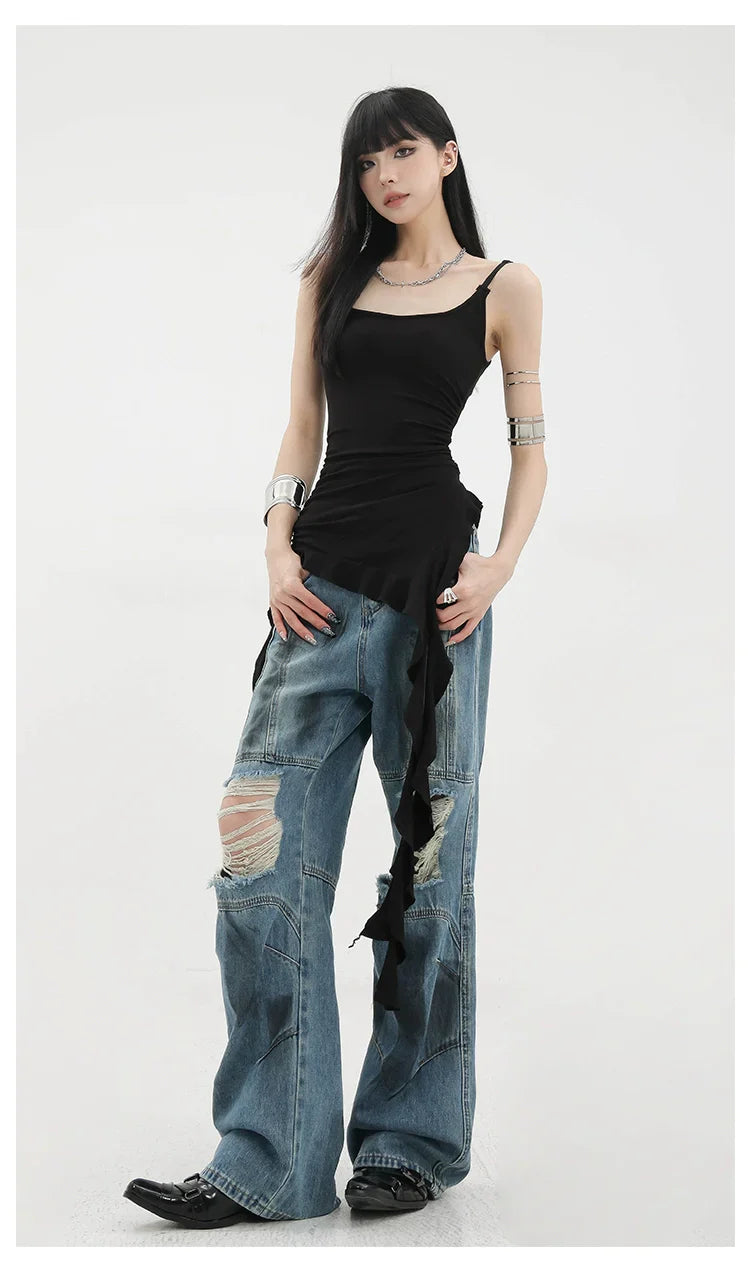 Black Asymmetric Ribbon Strap Tank Top With Ruffle Edge Design