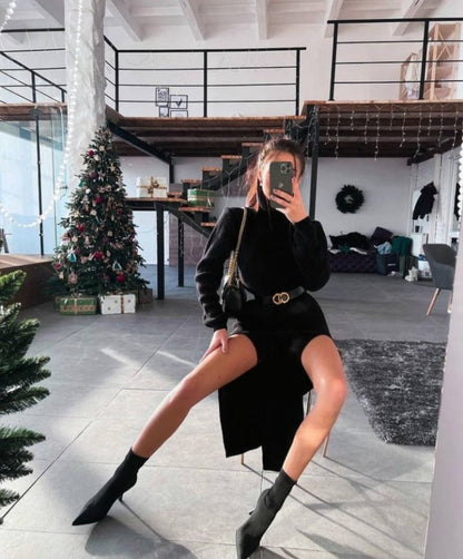 Popular Long Sleeve Turtleneck Thigh Slit Woolen Dress