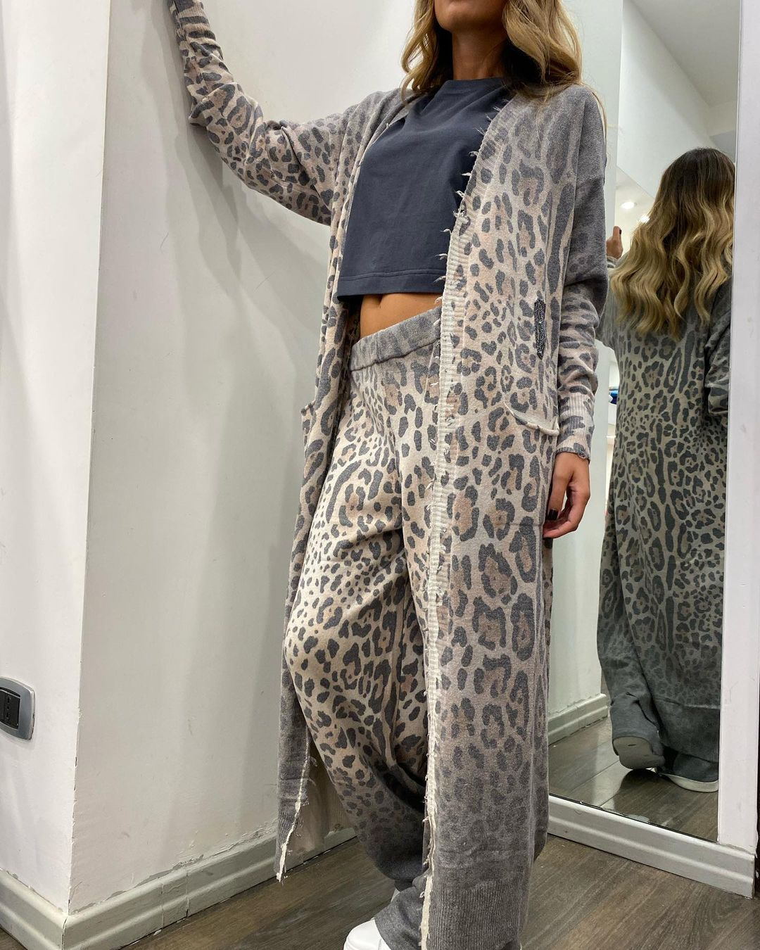 Spring Leopard Print Long Sleeve Cardigan Trousers Suit Two Piece Set for Women