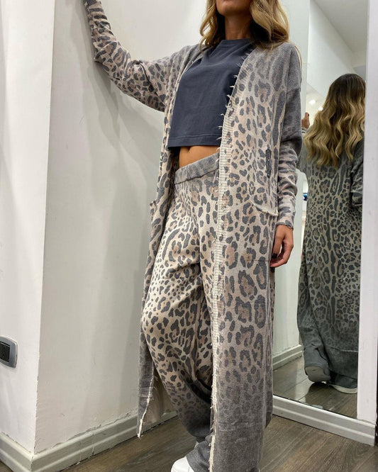 Spring Leopard Print Long Sleeve Cardigan Trousers Suit Two Piece Set for Women