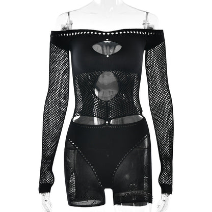 Sexy Women Tights Slim Hollow Out Cutout off Shoulder Long Sleeve Jumpsuit