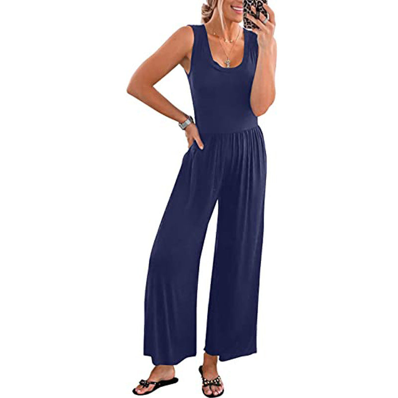 Summer Women Solid Color Sleeveless Jumpsuit