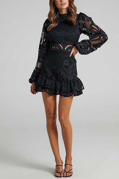 Solid Color Hollow Long-sleeved Waisted Lace Mini Dress