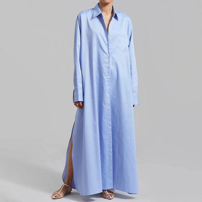 Fall Casual Collared Side Slit Simple All Match Long Sleeves Long Shirt for Women