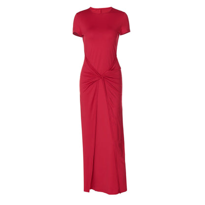 Women Clothing Summer Slim Pleated round Neck Short Sleeve Dress Women