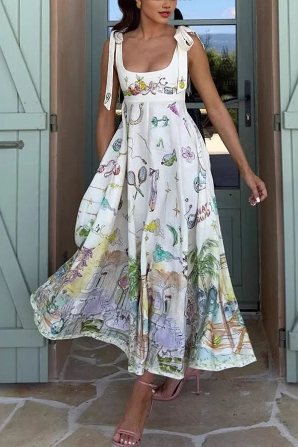 Euro Summer View Linen Blend Unique Print Tie-up Straps Pocket Midi Dress
