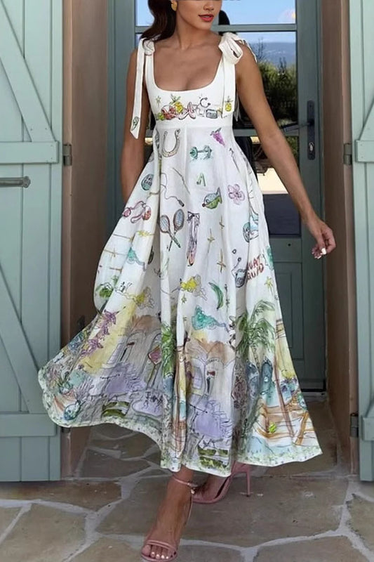 Euro Summer View Linen Blend Unique Print Tie-up Straps Pocket Midi Dress