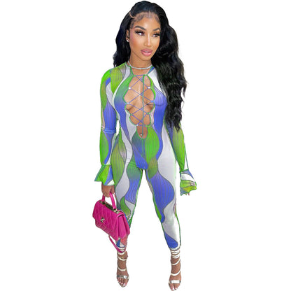 Sexy Slim Hollow Out Cutout Printed Lace up Ruffle Sleeve Jumpsuit Crisscross