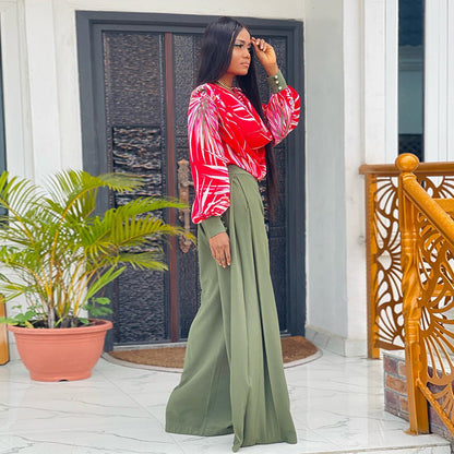 Women Clothing Spring Print Lantern Sleeve Shirt Wide Leg Work Pant Casual Suit