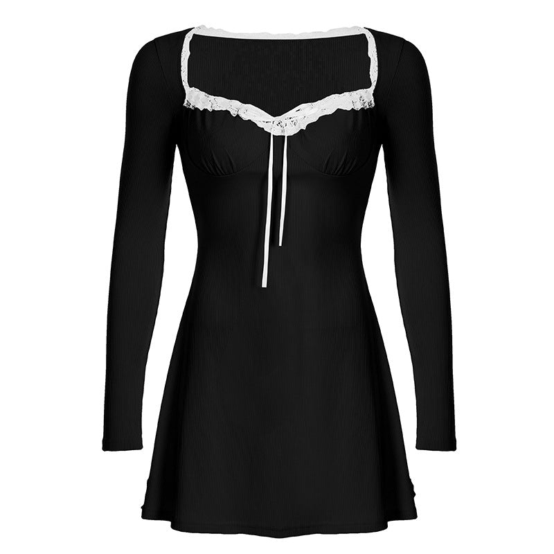 Sexy Girlish Lace Stitching Pleated Tie V neck Long Sleeve Dress Slimming Cinched Short Dress
