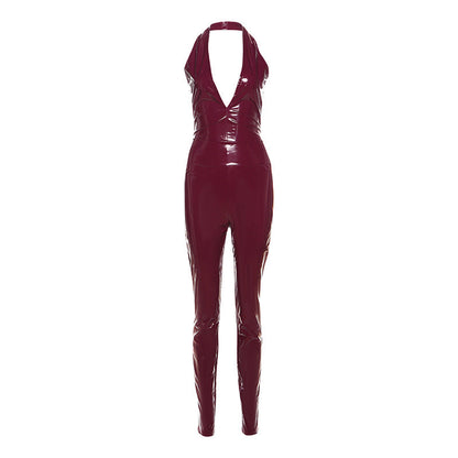 Autumn Winter Women Clothing Sexy Halter Backless Strap High Waist Zipper Slim Fit Trousers Faux Leather Two Piece Pant Sets