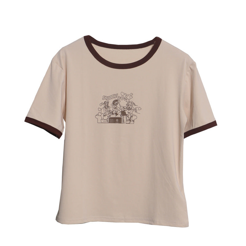 Real Shot Loose Slimming Printed round Neck Contrast Color Short Sleeve Casual Bottoming Shirt Top T shirt
