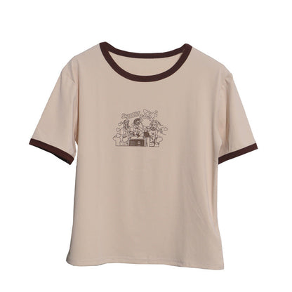 Real Shot Loose Slimming Printed round Neck Contrast Color Short Sleeve Casual Bottoming Shirt Top T shirt