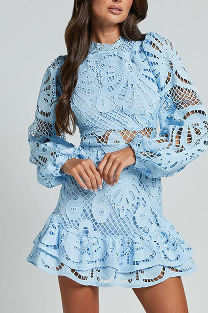 Solid Color Hollow Long-sleeved Waisted Lace Mini Dress