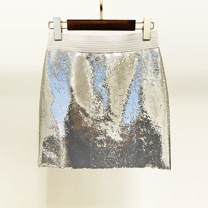 Metallic Coated Fabric Goods Personality Bling Bling Shiny Sequ Short Suit Mid Length Skirt Set Two Piece Set