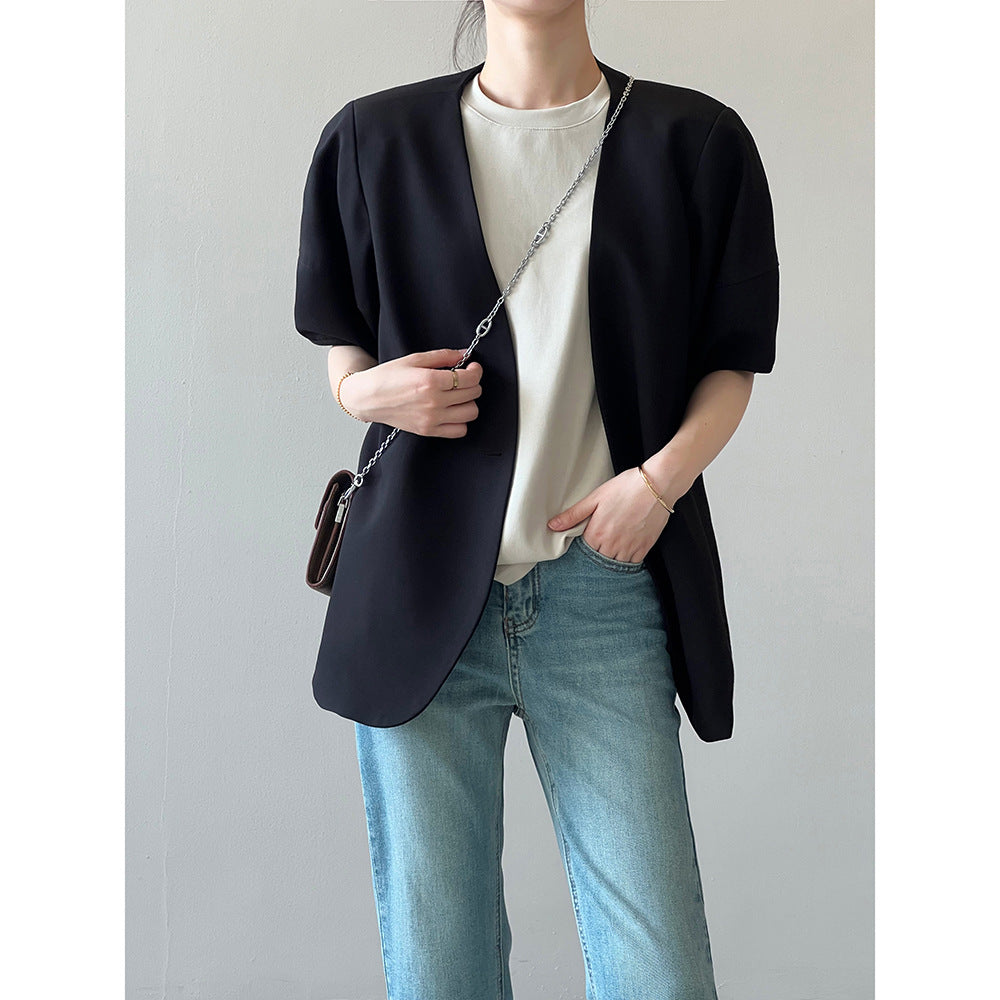 Puff Sleeve Short Sleeve Blazer Women Spring Summer Thin Casual Half Sleeve