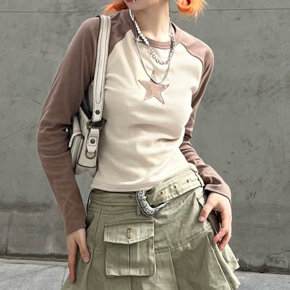 Raglan Sleeve Star Patch Knit Crop Top
