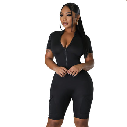 Summer Women Clothing Sexy Tight Short Sleeve Solid Color Jumpsuit for Women