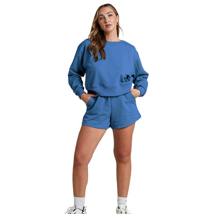 Solid Color Long Sleeve Sweaters Women Clothing Short Two-Piece Casual Shorts Suit
