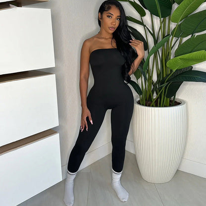 Autumn Winter Sexy Slim Fit Tube Top Backless Tight Fitting Solid Color Sports Trousers Jumpsuit