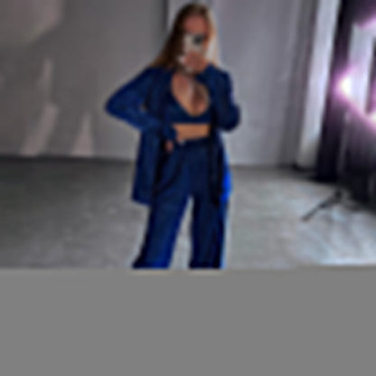 Women Clothing Glitter Three Piece Set Sexy Party Long Sleeve Suit Top High Waist Trousers Suit