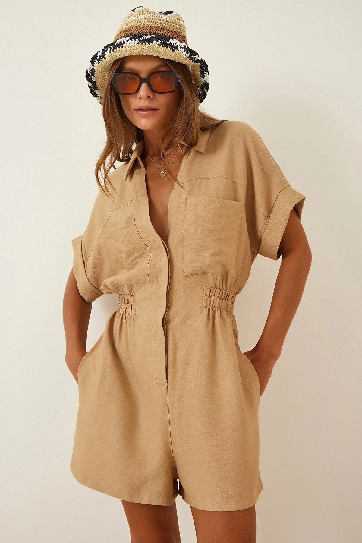 Women Short Sleeve Waist Controlled Loose Slimming Cotton Linen Casual Wide Leg Shorts