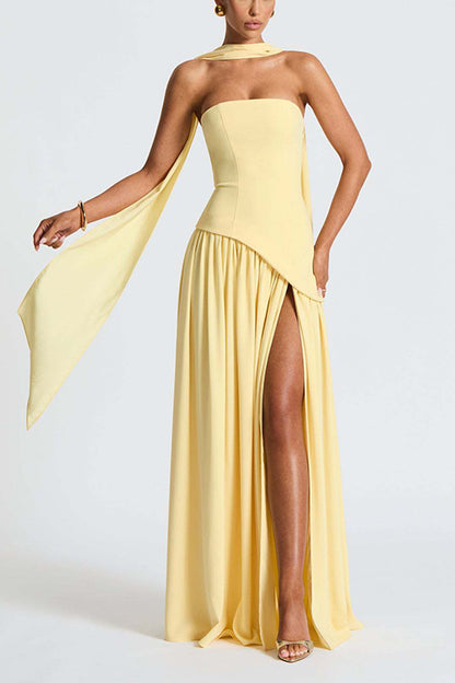  Strapless Back Lace-up High Slit Splice Maxi Dress