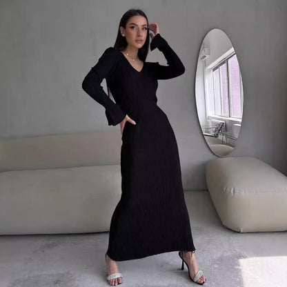 Long Sleeve V neck Tight Knitted Dress Solid Color Rib Fabric Wool Long Autumn Winter Dress