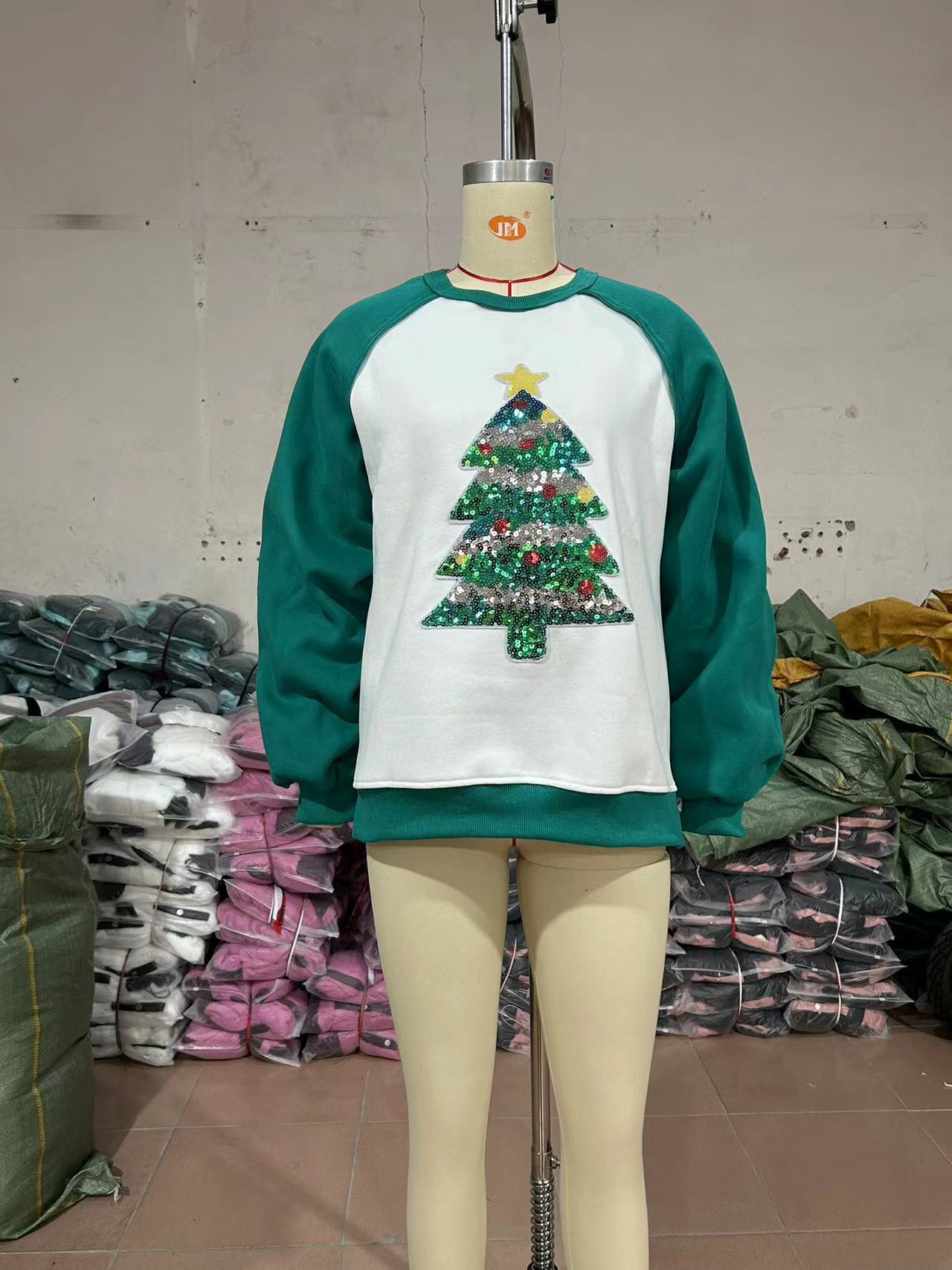 Christmas Tree Sequin Brushed Hoody Women Clothing Pullover Long Sleeve Loose Top Autumn Winter