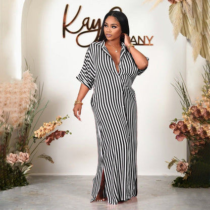 Women Clothing Striped Shirt Women Dress Split Dress French Dress