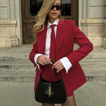 Spring Summer Office Red Necktie Outfit Shorts Jacket Two Piece Set