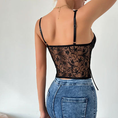 Lace v neck ribbon self tie backless cami top  | Festival Outfits Women