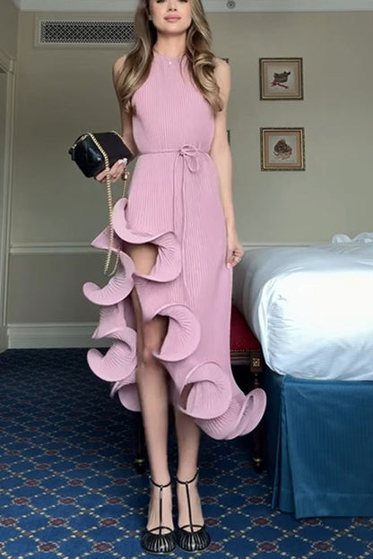 Solid Color Sleeveless Waist Tie Irregular Ruffle Slim Midi Dress